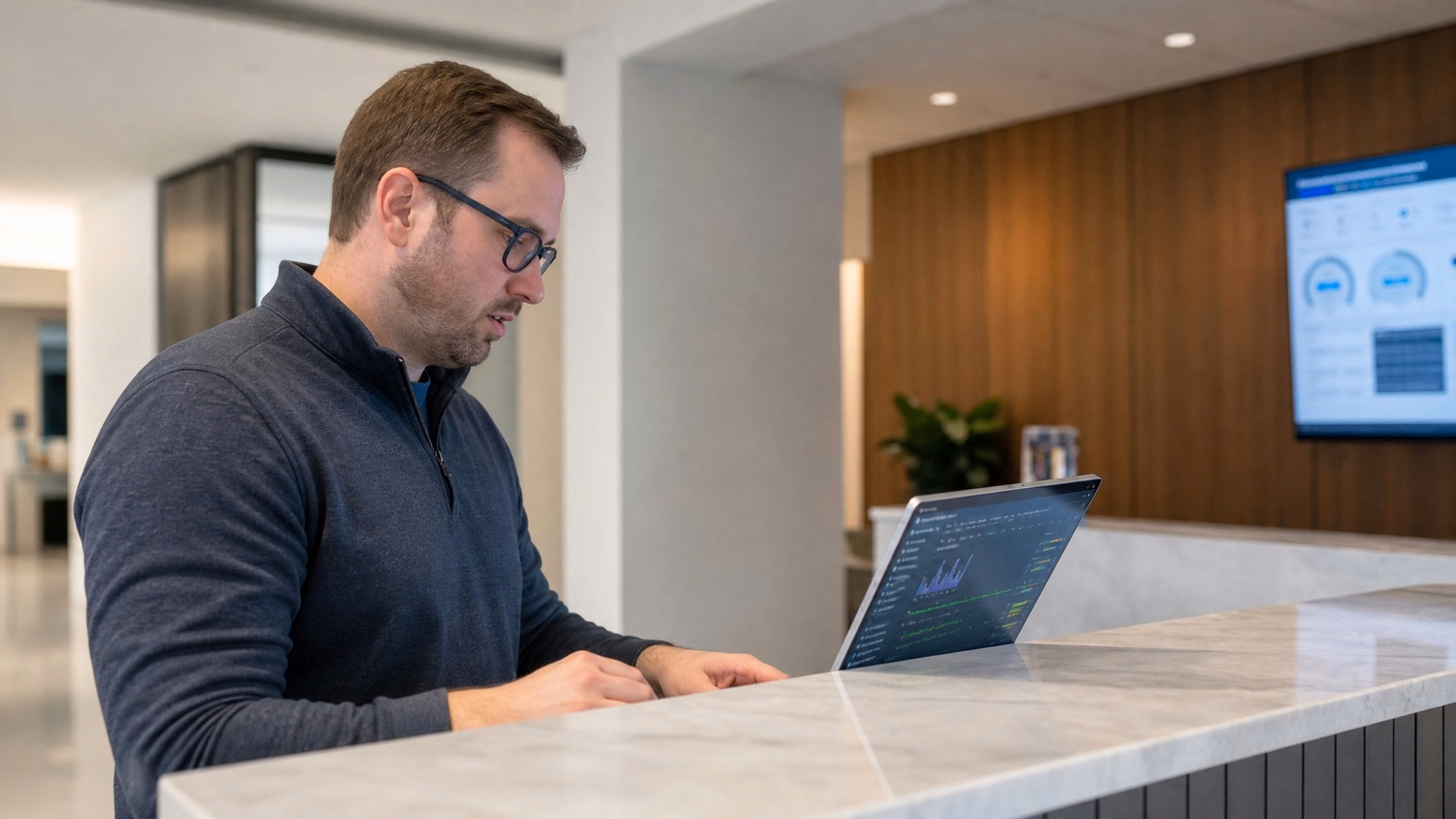 RECEPTION AREA An IT professional  one person standing at a front reception d