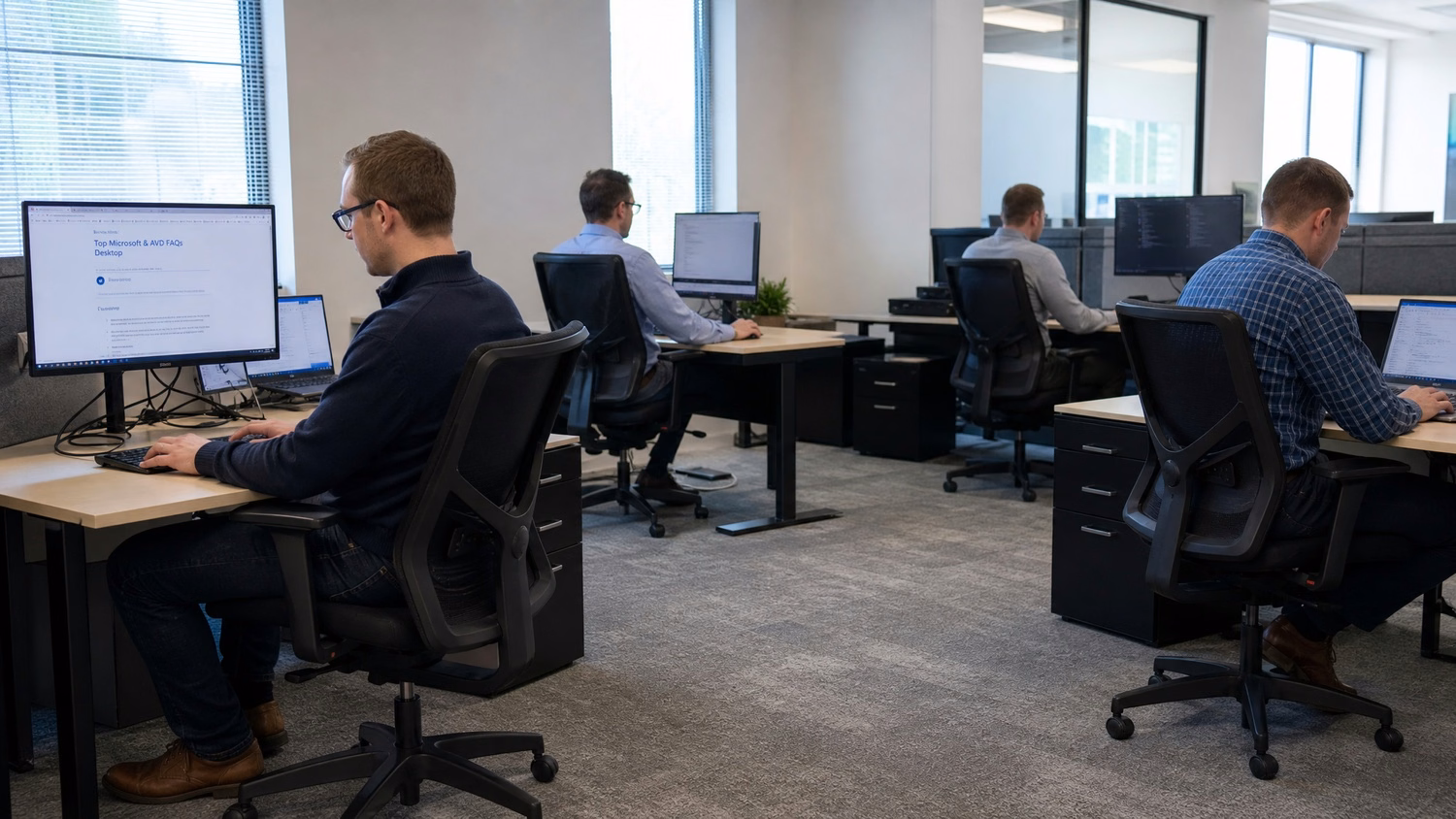 OPEN PLAN WIDE An IT professional wide shot of three or four people at separ