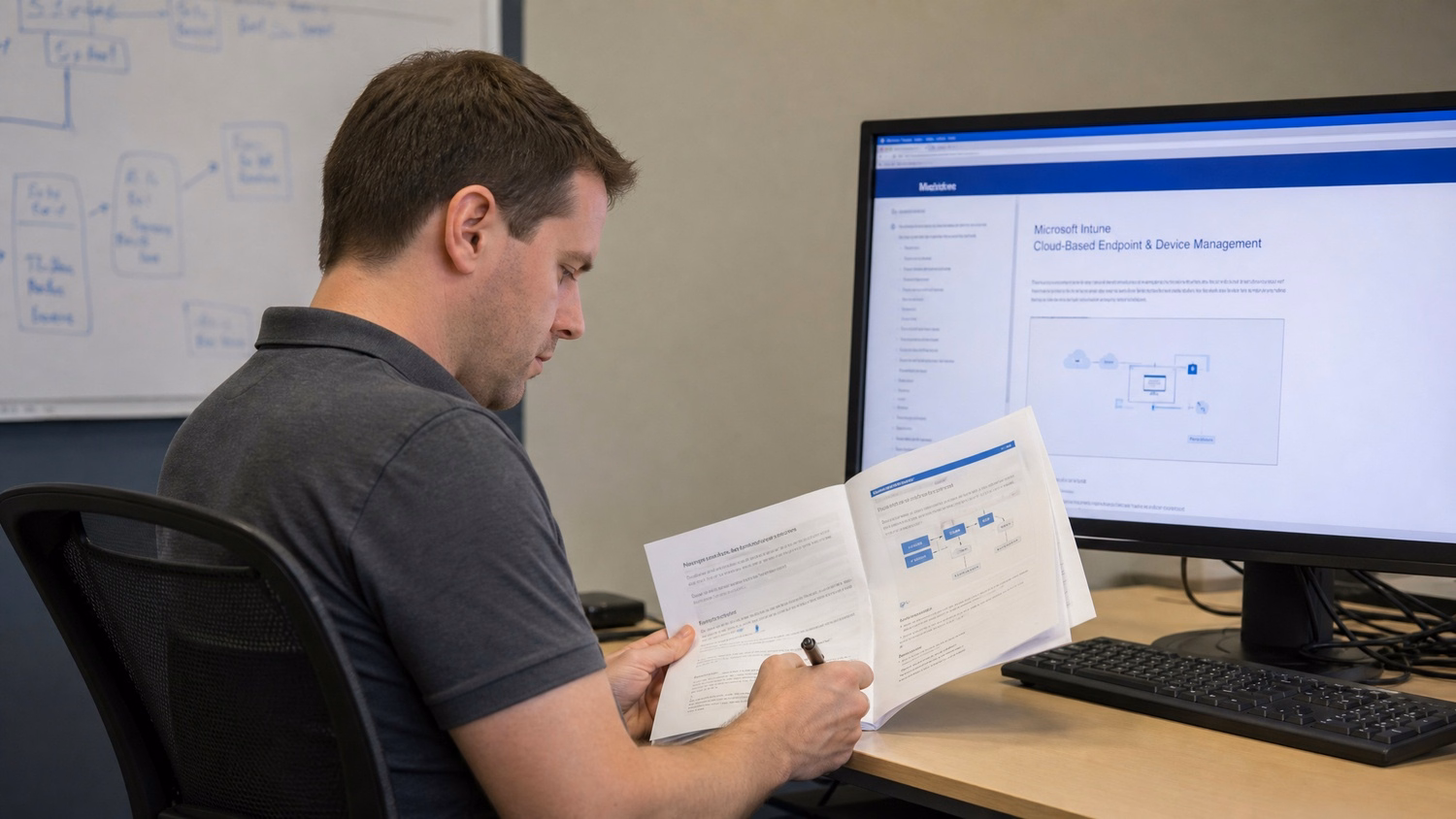 FOCUSED READING An IT professional one person seated at a desk reading print