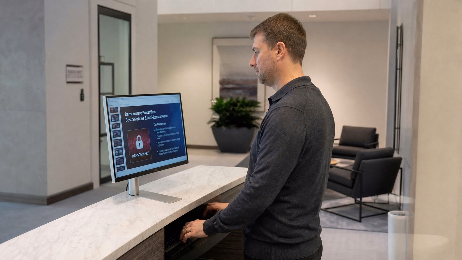 RECEPTION AREA An IT professional one person standing at a front reception d