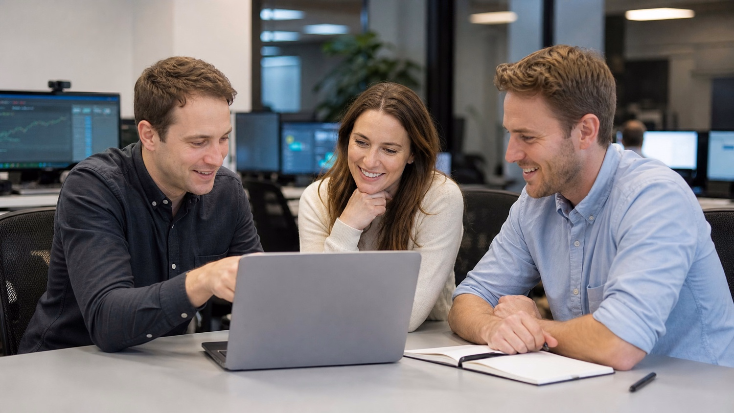 Colleagues review laptop screen discussing ransomware data protection