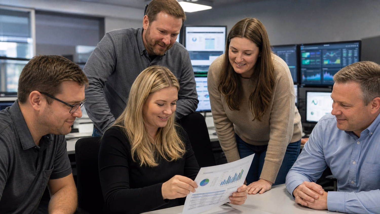 Team reviewing printer usage data and supply costs report