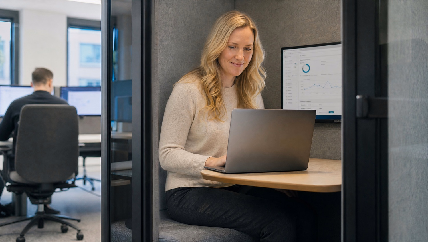 Woman in pod reviews secure print logs on laptop 60 chars
