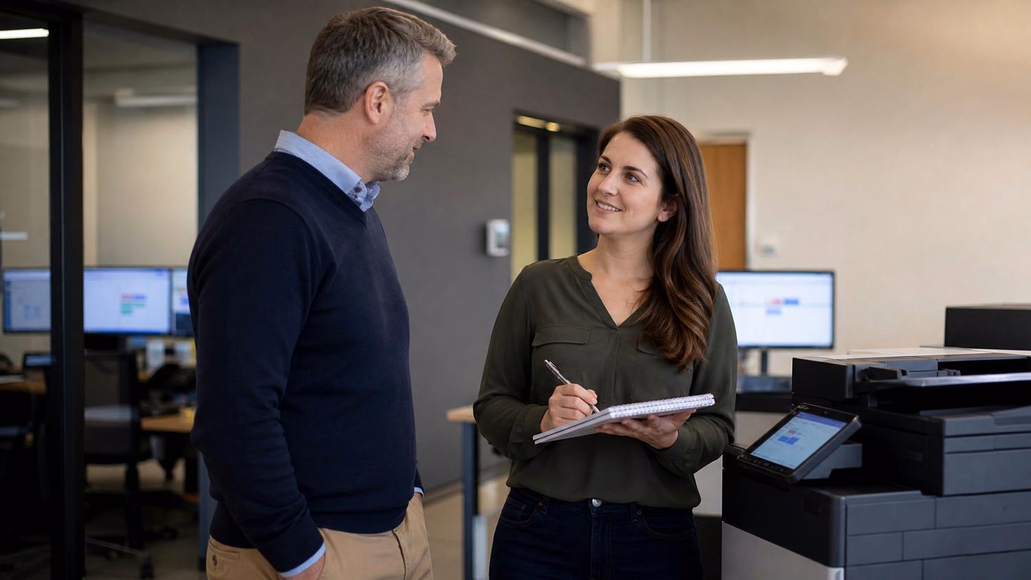 Staff discuss printer service agreement in breakroom