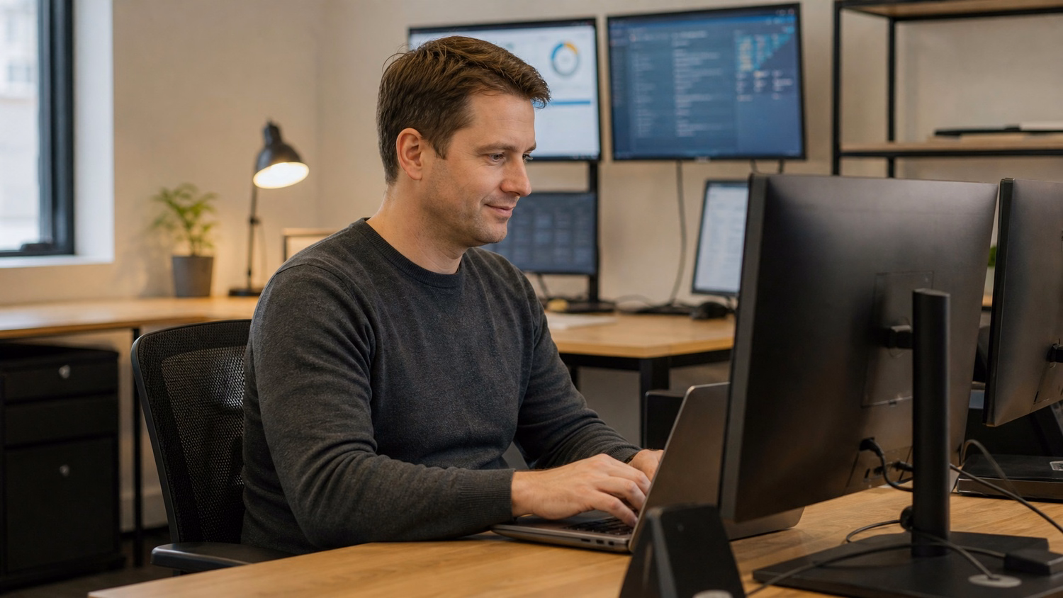 Developer reviewing code on laptop at workstation 56 chars