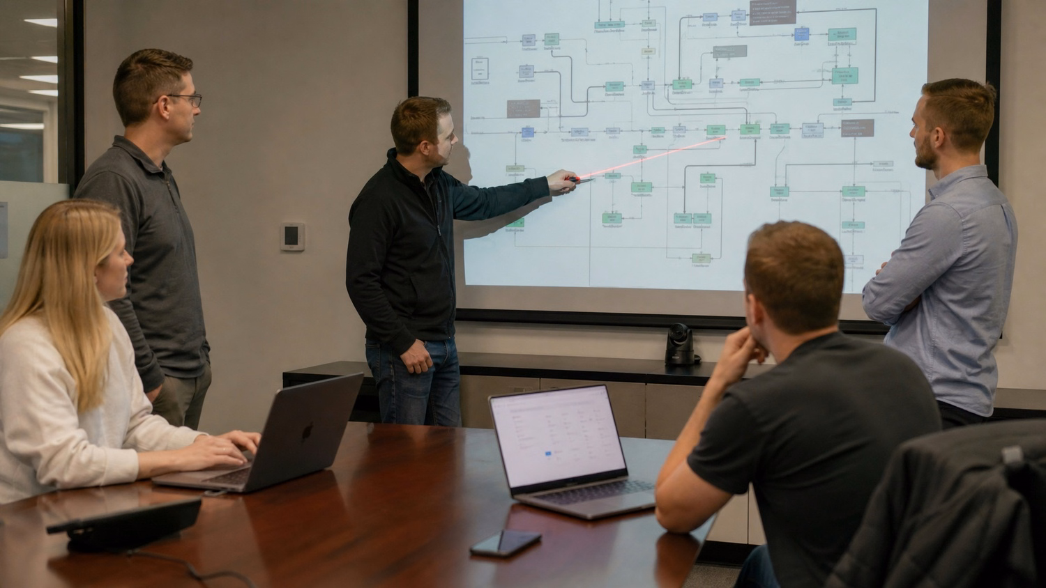 Team discusses complex network diagram on projector screen