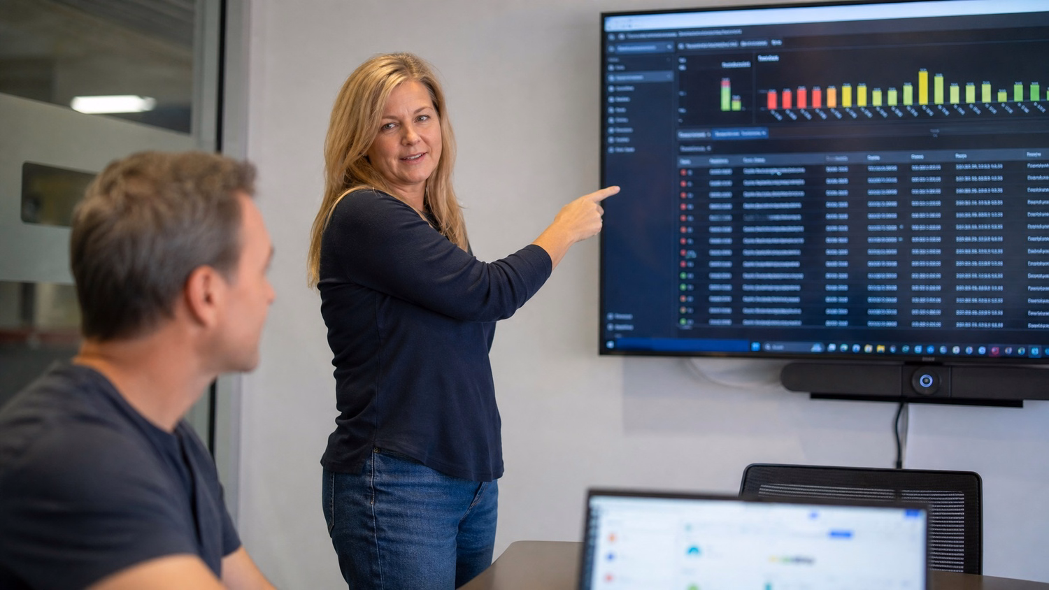 Woman points at SIEM security log summary on screen 62 chars