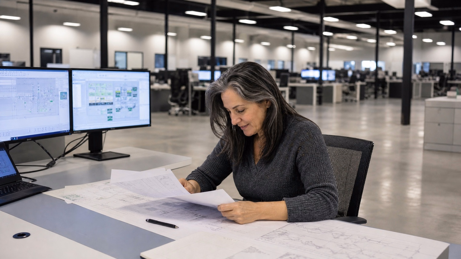 Woman reviews schematics at large desk in open office 60