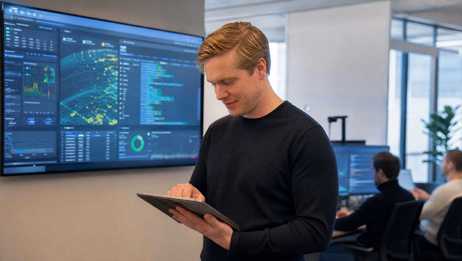 Man types on tablet near network dashboard 49 chars