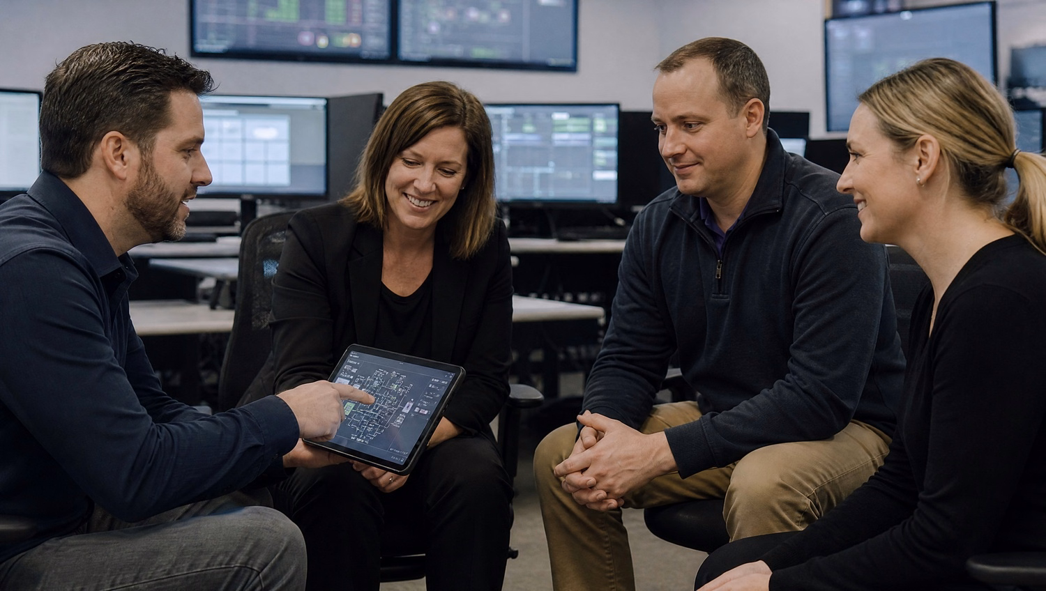 Team discusses complex diagram on tablet in semicircle briefing 72 chars