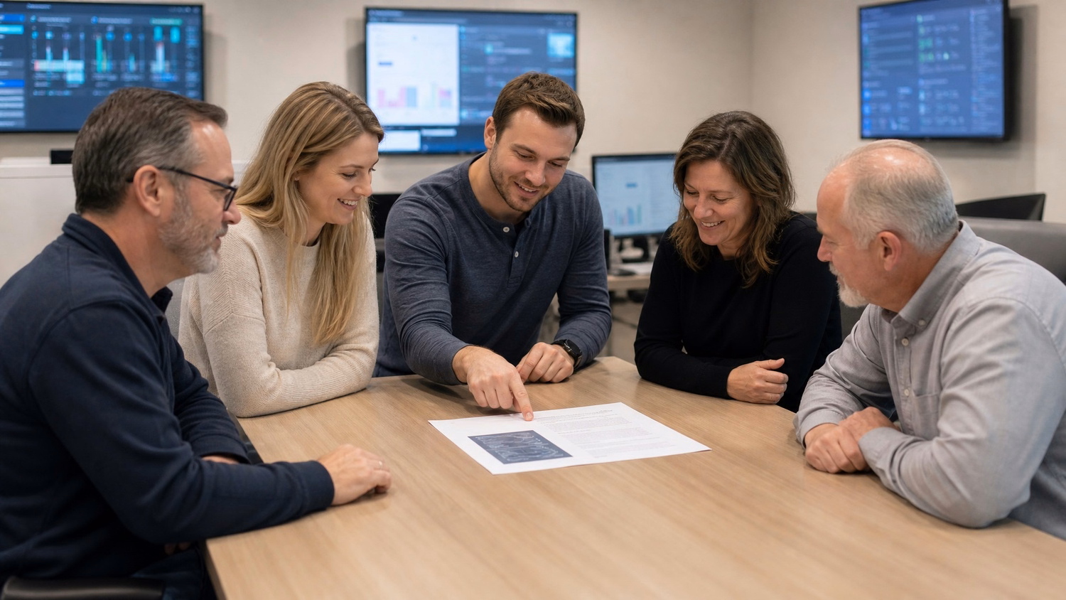 Five colleagues discuss ransomware scenario at breakout table