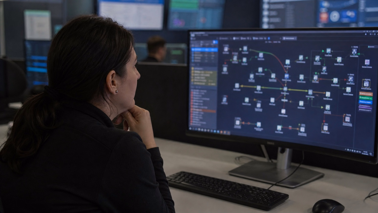 Woman analyzes complex network diagram during cyber exercise