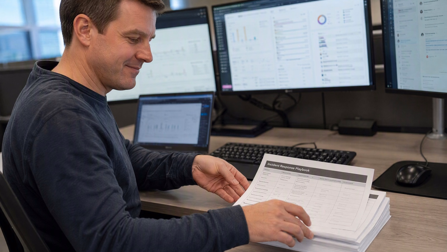 Woman behind man viewing dark cybersecurity dashboard 60 chars