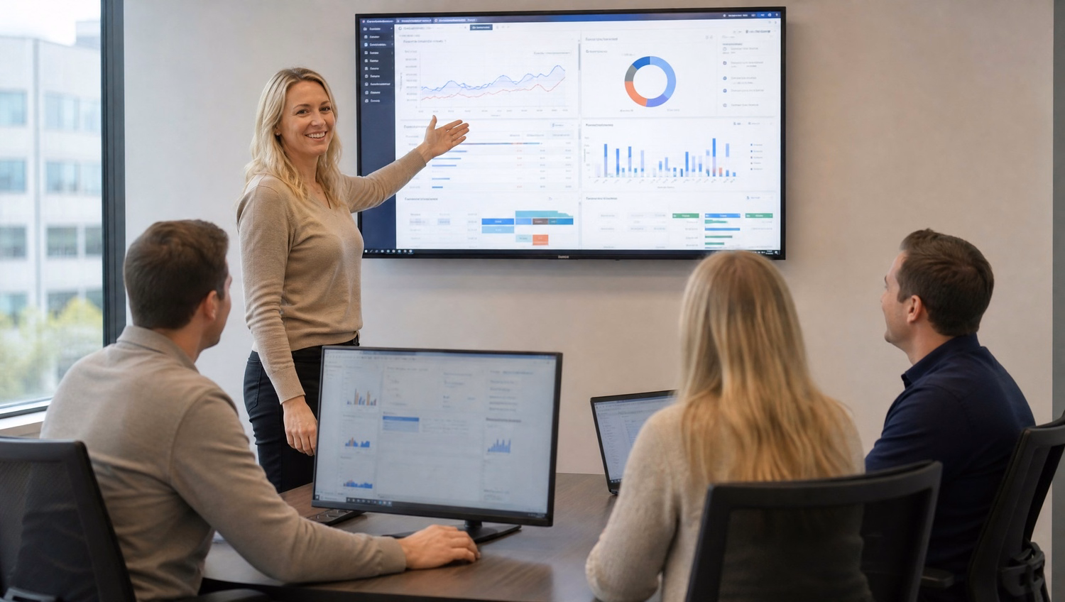 Woman presents data dashboard to seated colleagues 53 chars