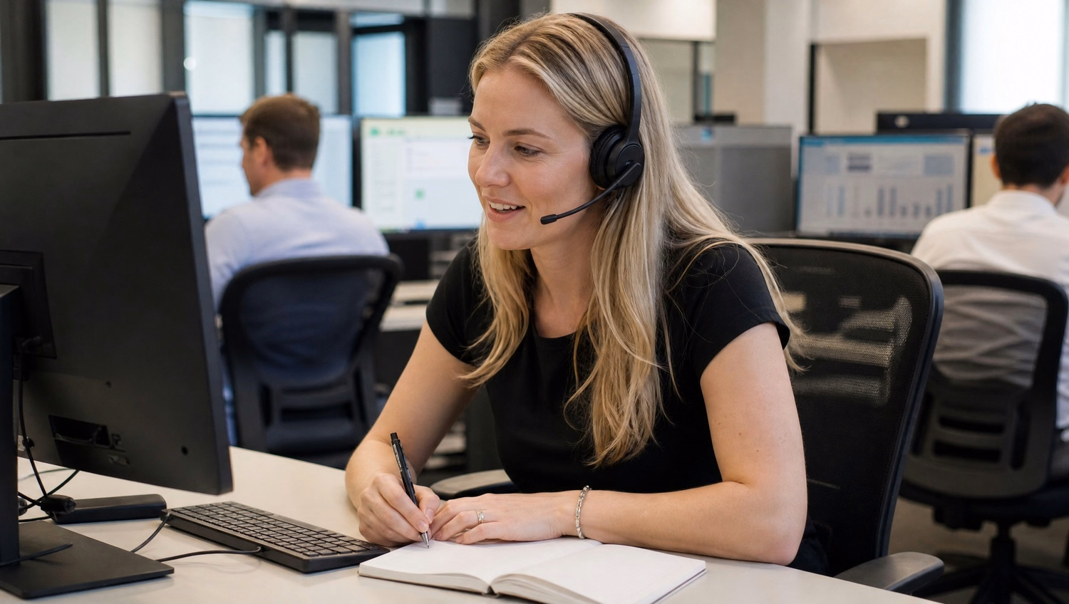 Woman on headset calls, taking notes at desk