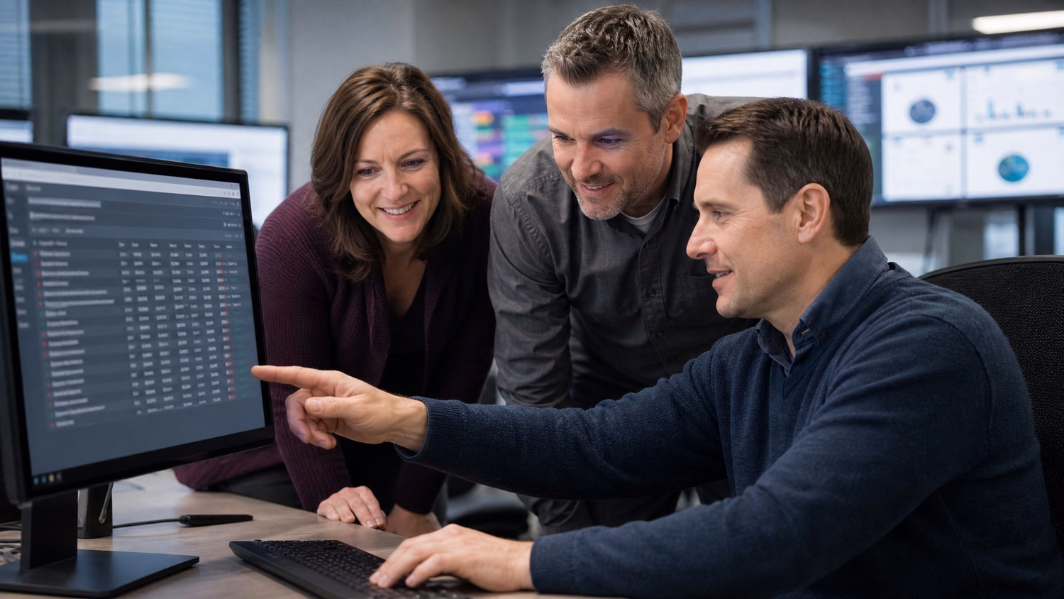 Team reviewing audit log on monitor together