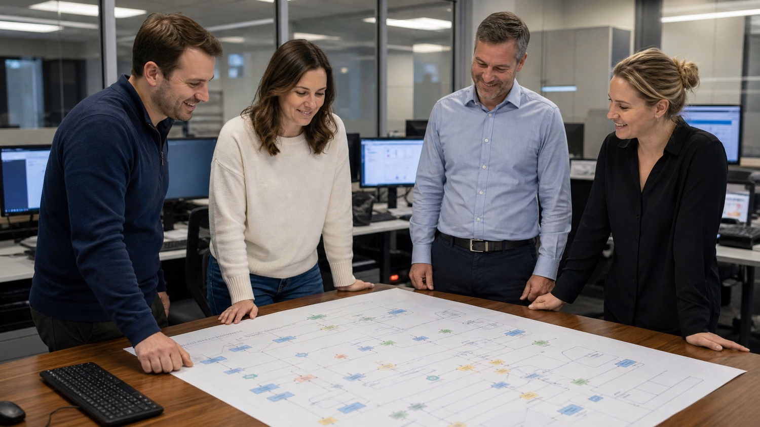 IT team reviewing SharePoint migration flowchart at table 66