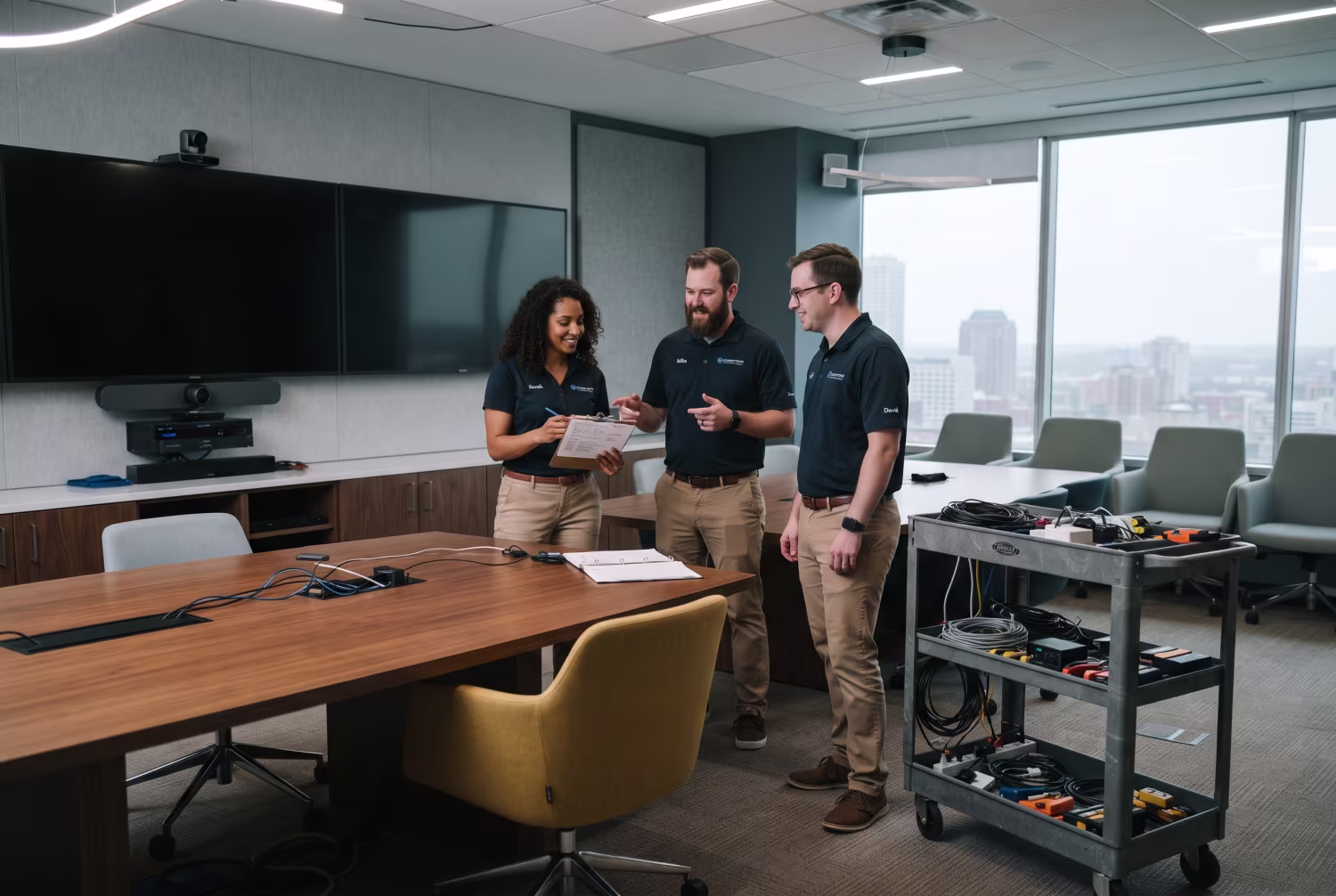 IT team reviewing conference room AV setup checklist