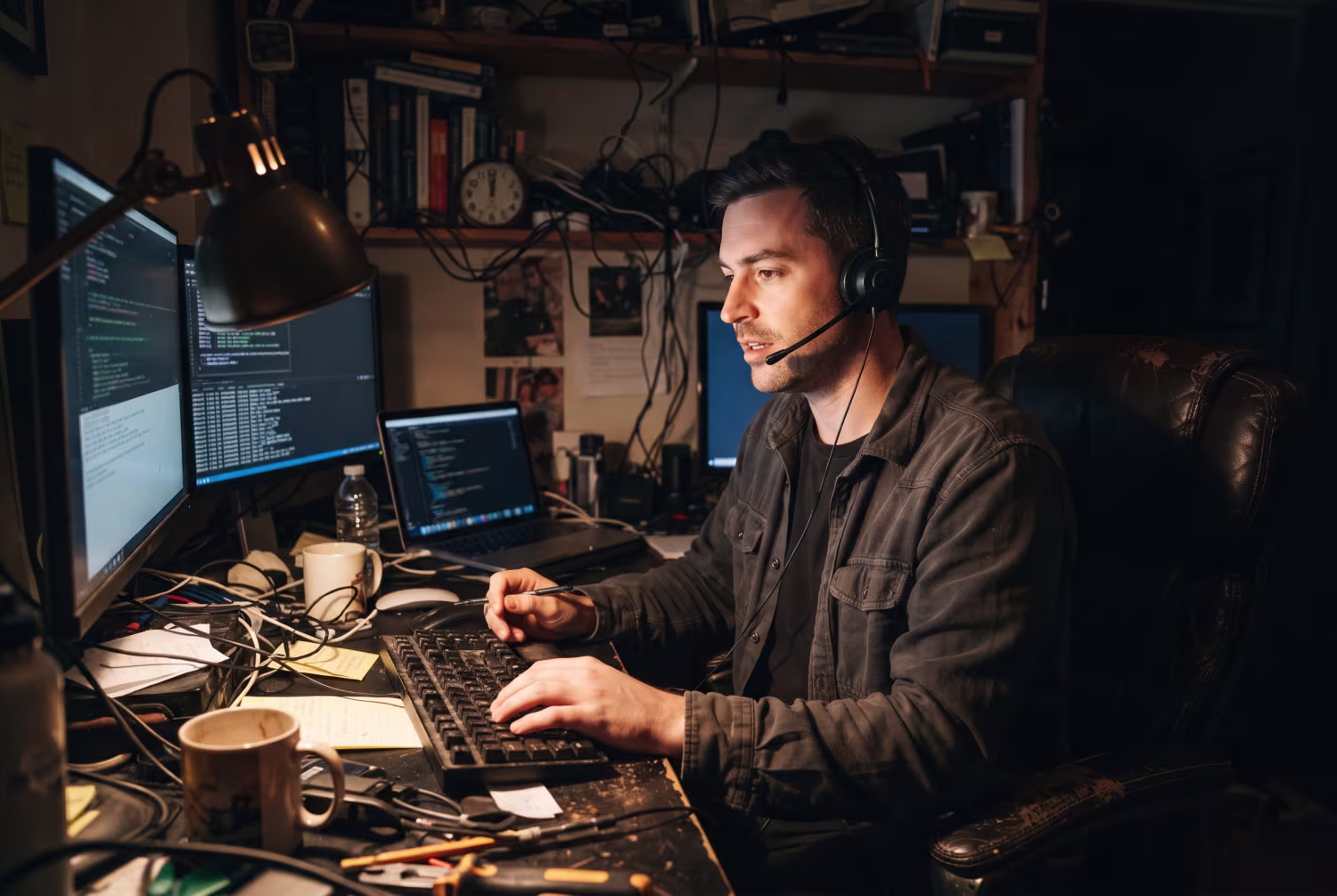 IT specialist providing after-hours IT support at cluttered home office desk