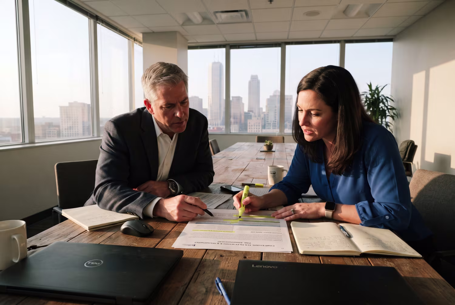 IT consultant and law firm manager reviewing cybersecurity report in sunlit conference room
