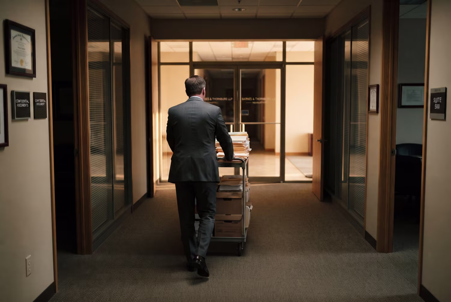 Law firm employee pushing trolley down long, unguarded corridor