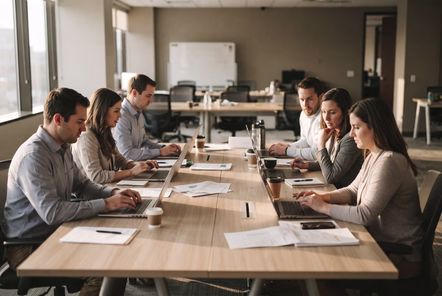 Mid-level employees working on identical laptops in Indianapolis office