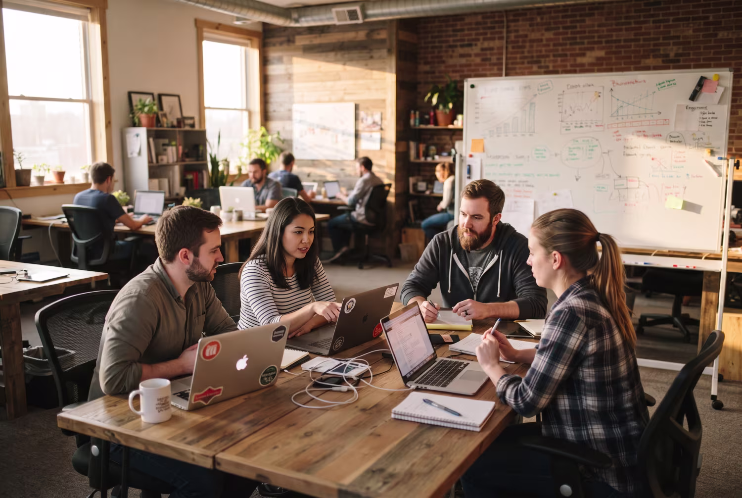 Employees collaborating around a table with various devices in a well-lit open-plan office