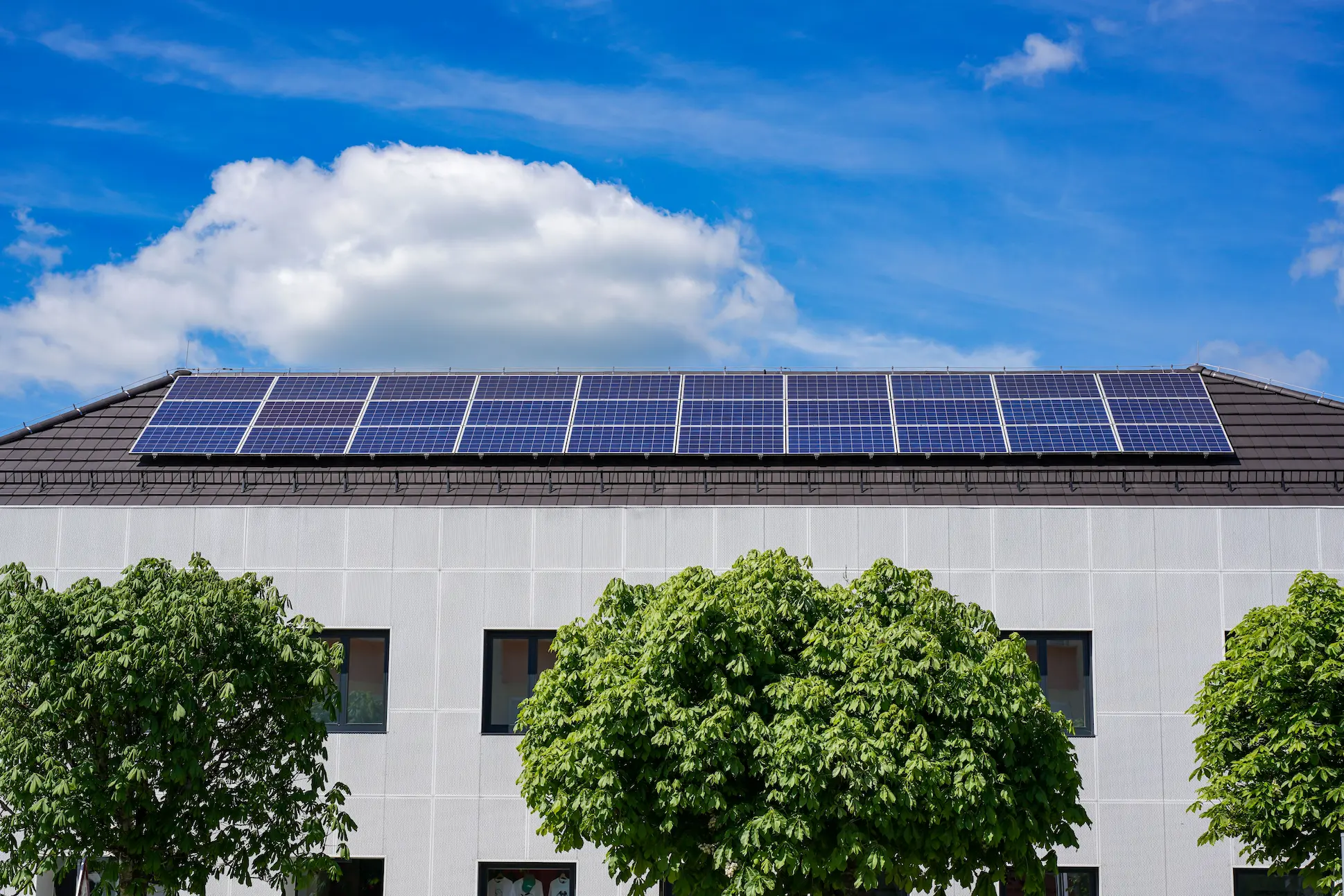 Bâtiment économe en énergie couronné de panneaux solaires et entouré d'arbres luxuriants.
