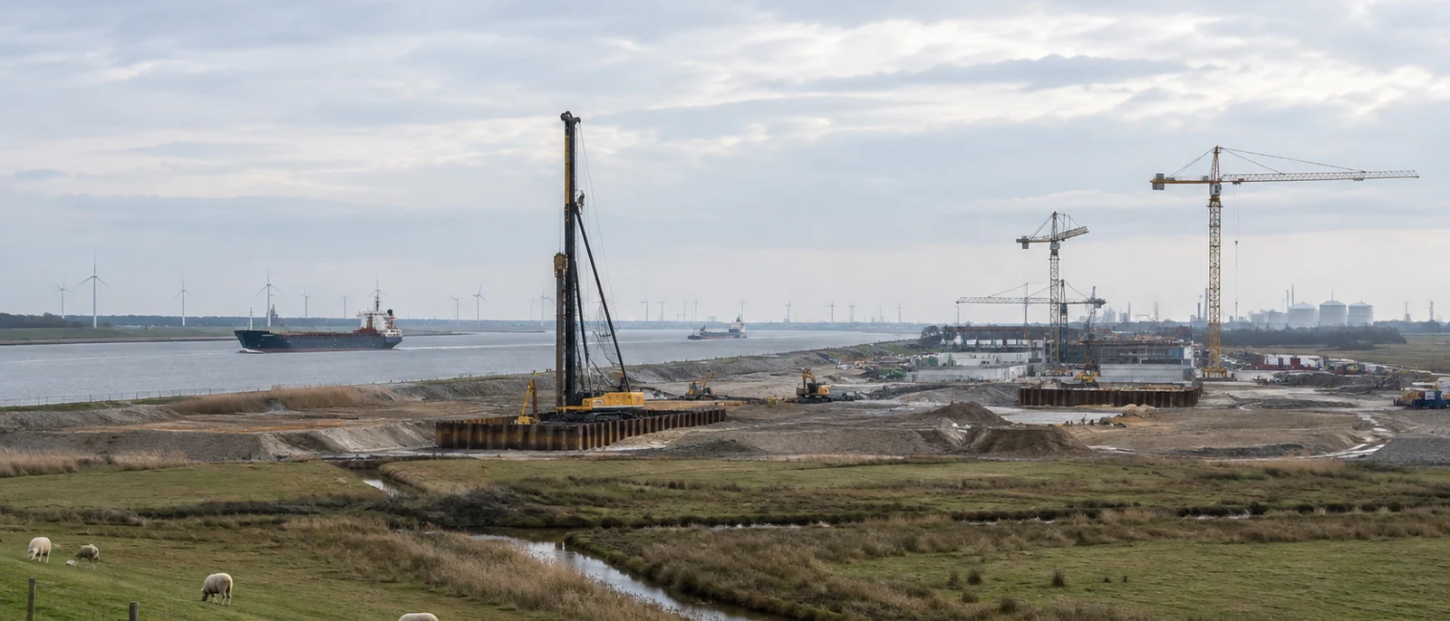 Brunsbuettel, Schleswig-Holstein. NDR reported more than 300 workers on site in March 2026 driving around 10,000 foundation piles.