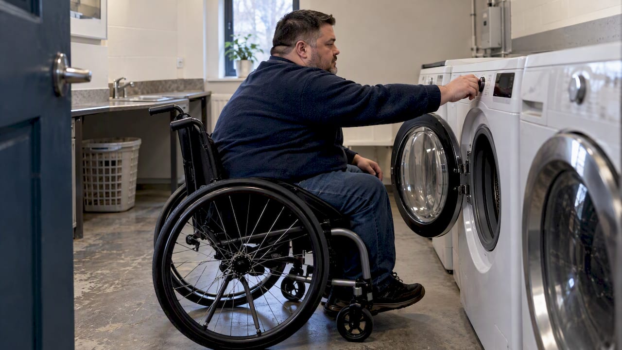 Wheelchair user reaching a front-loading washer