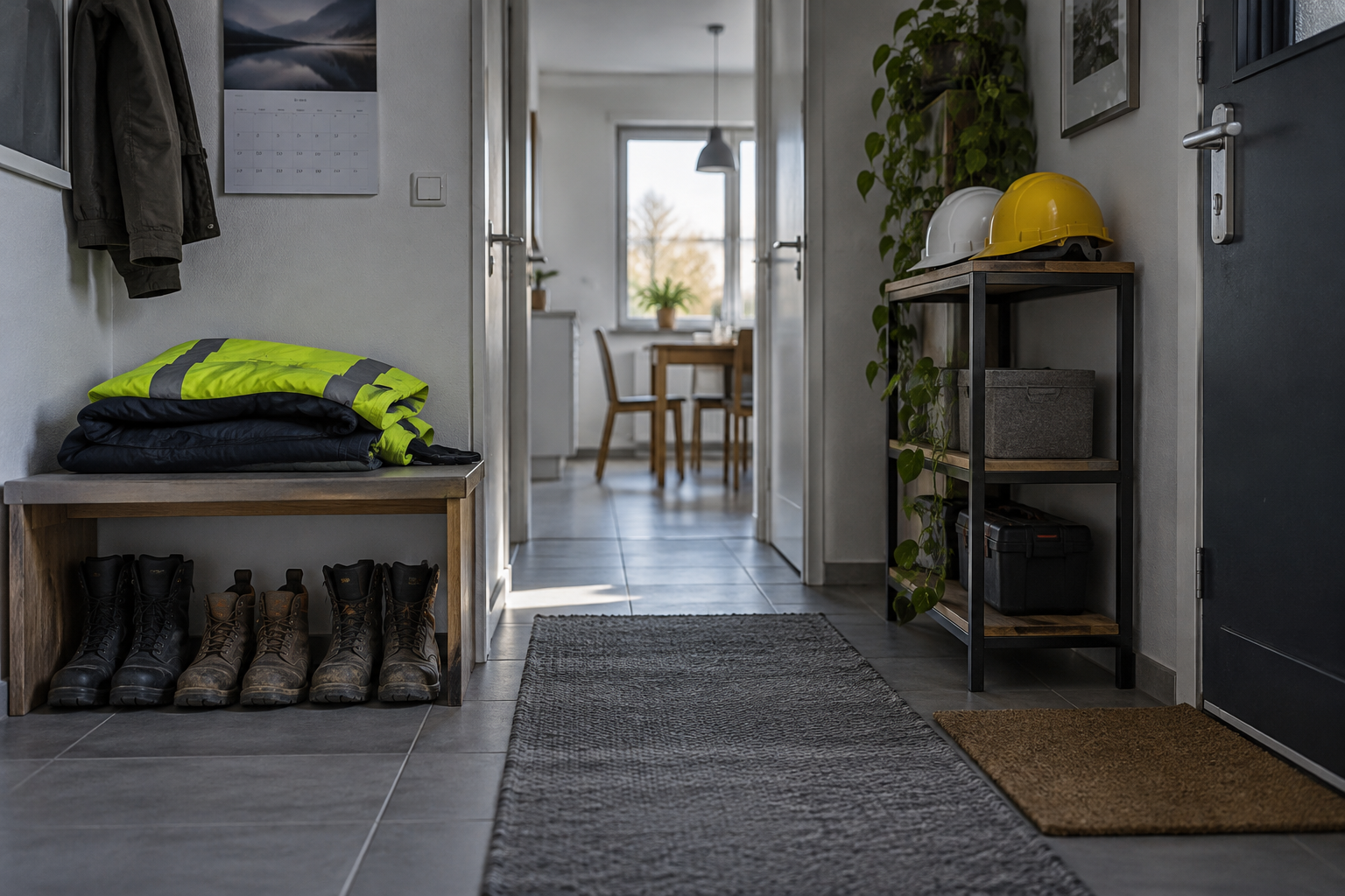 Hallway of a furnished crew flat with work boots, hi-vis jackets and hard hats