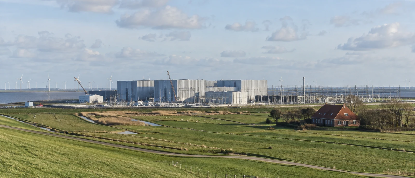 Emden, Lower Saxony. The A-Nord converter site has four halls and 13 transformers of about 300 tonnes each.