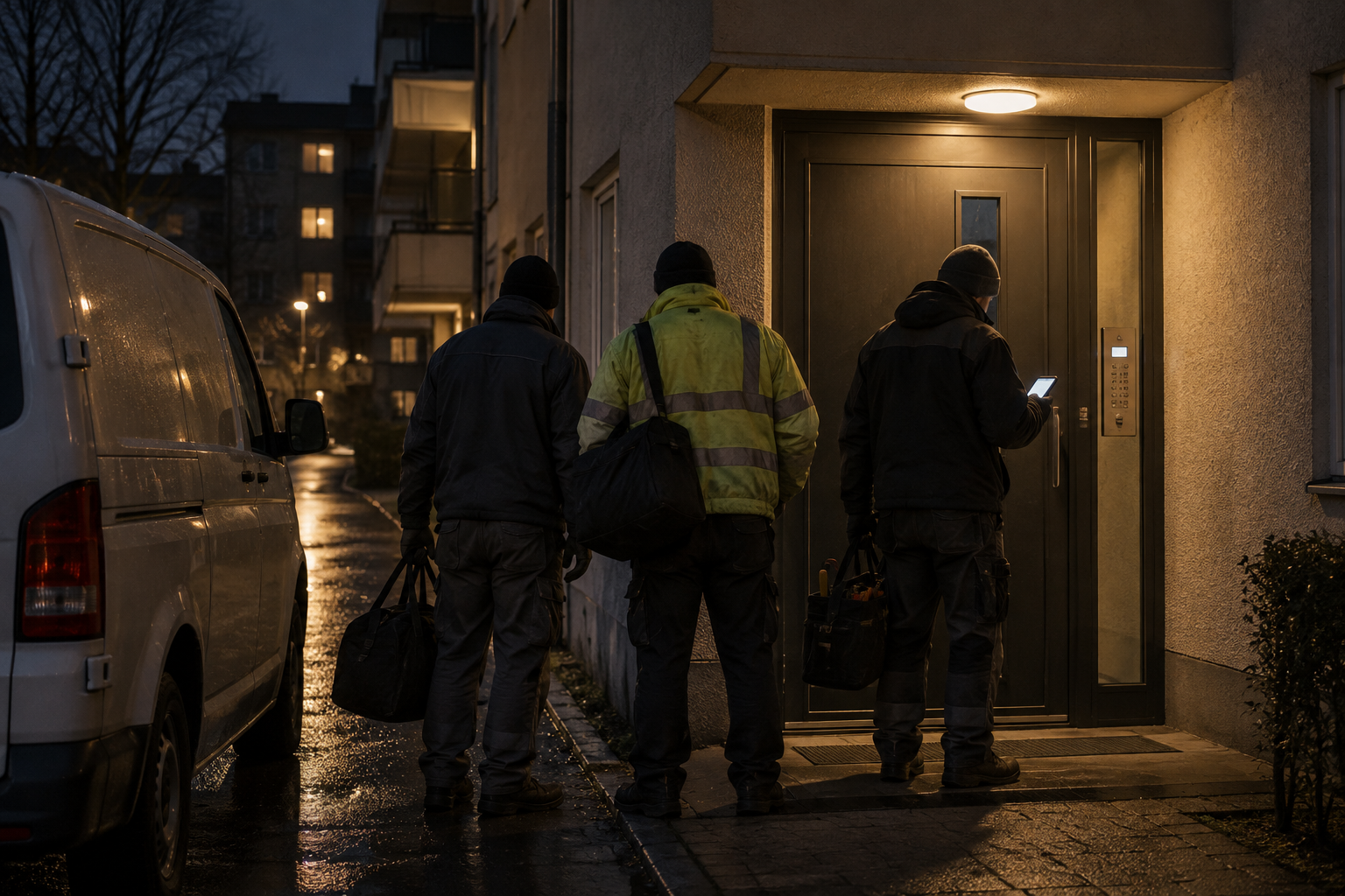 Three construction workers with holdalls at an apartment entrance at night, one checking his phone by the door keypad