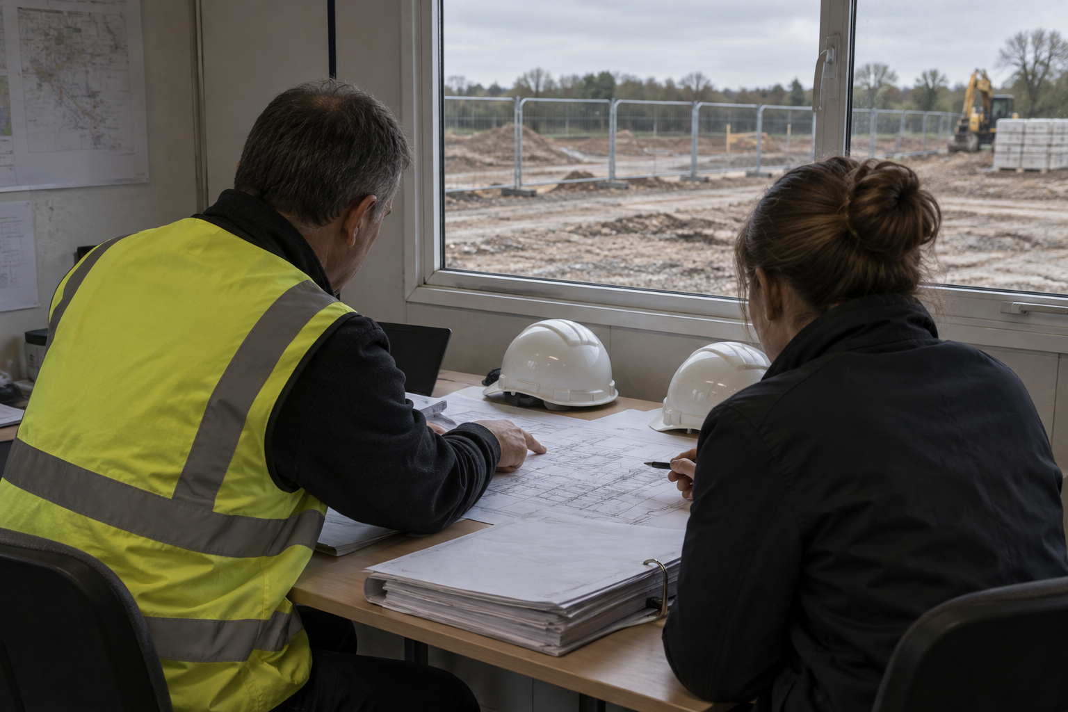 Two people in a site cabin reviewing drawings and a contract folder, hard hats on the table, a fenced empty site outside