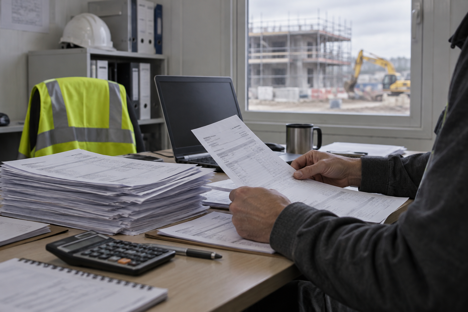Site office desk with a stack of invoices, a laptop, a calculator and a hi-vis vest over the chair