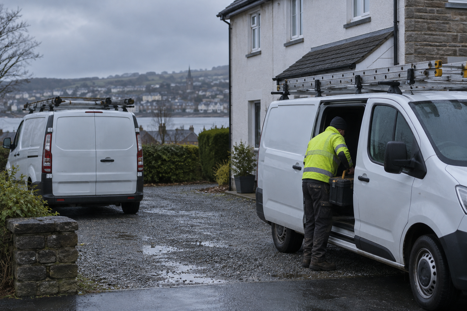 Two white work vans with ladders on the gravel driveway of a house on the edge of a town, a worker in hi-vis loading a toolbox