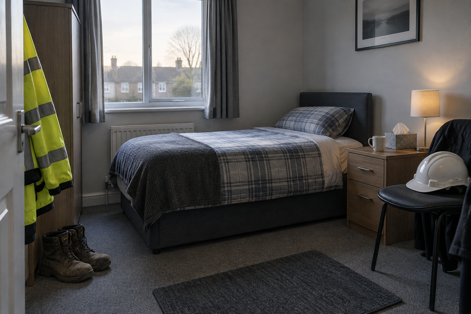 A tidy single bedroom in a crew house with a hi-vis jacket by the door, work boots, a hard hat on a chair and tissues on the bedside table