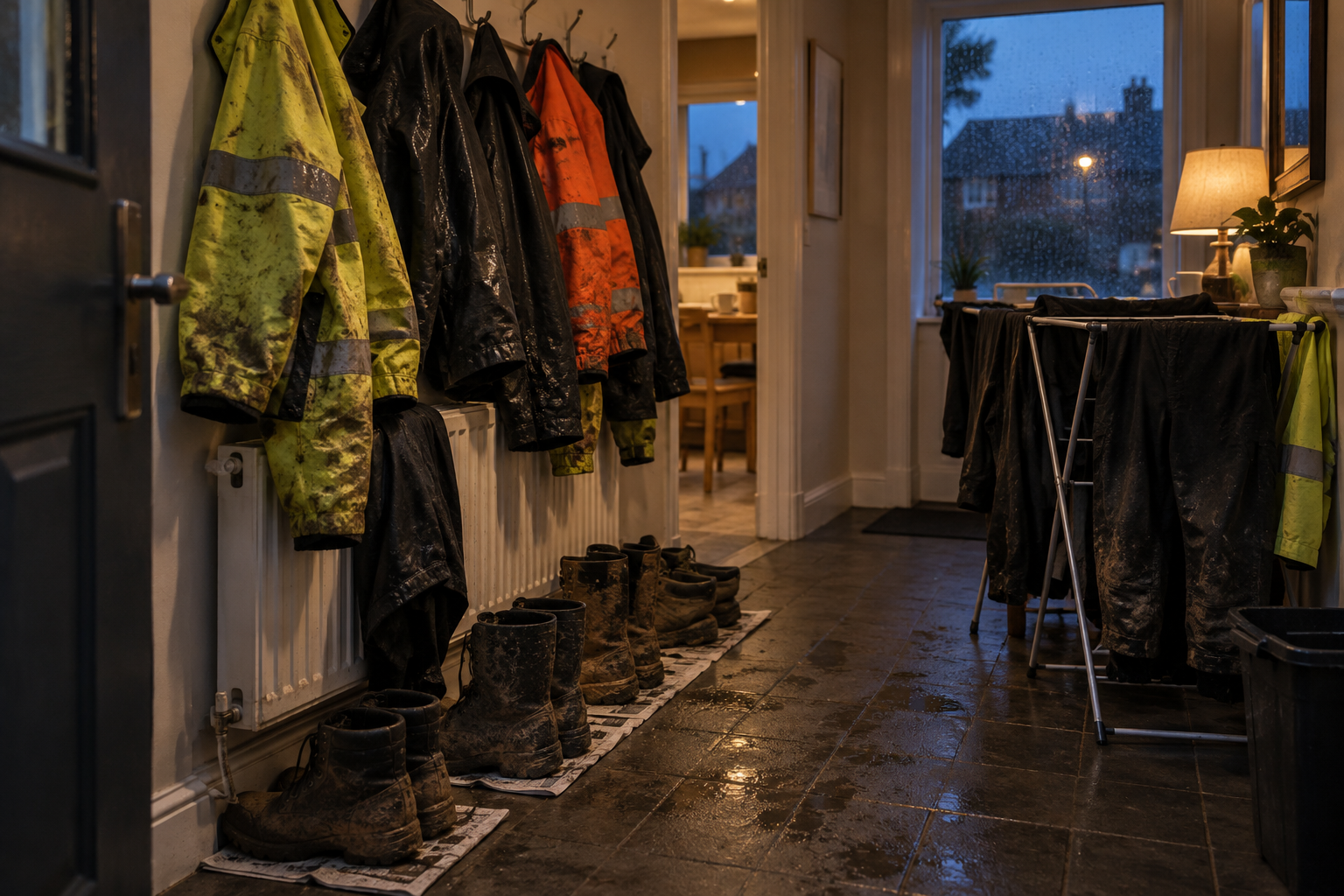 Hallway of a crew house on a wet winter evening with muddy hi-vis jackets on hooks and a radiator, work boots on newspaper and work trousers on a clothes airer