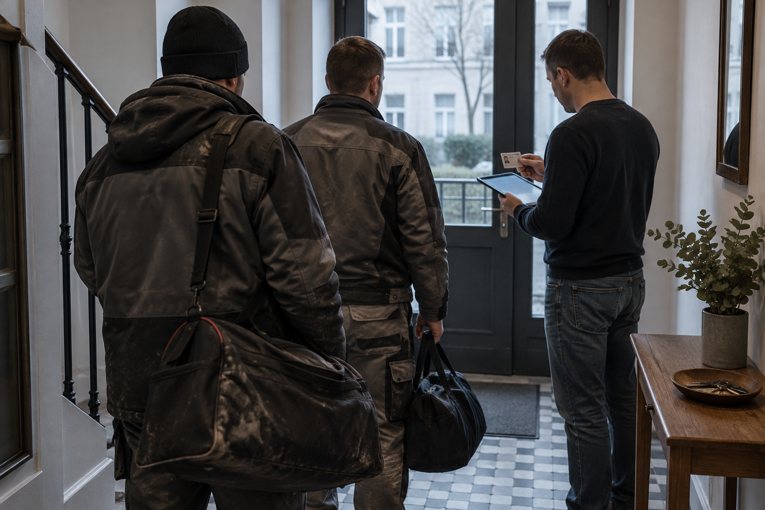 Two construction workers with holdalls wait in an apartment entrance hall while the host checks an ID card against a tablet