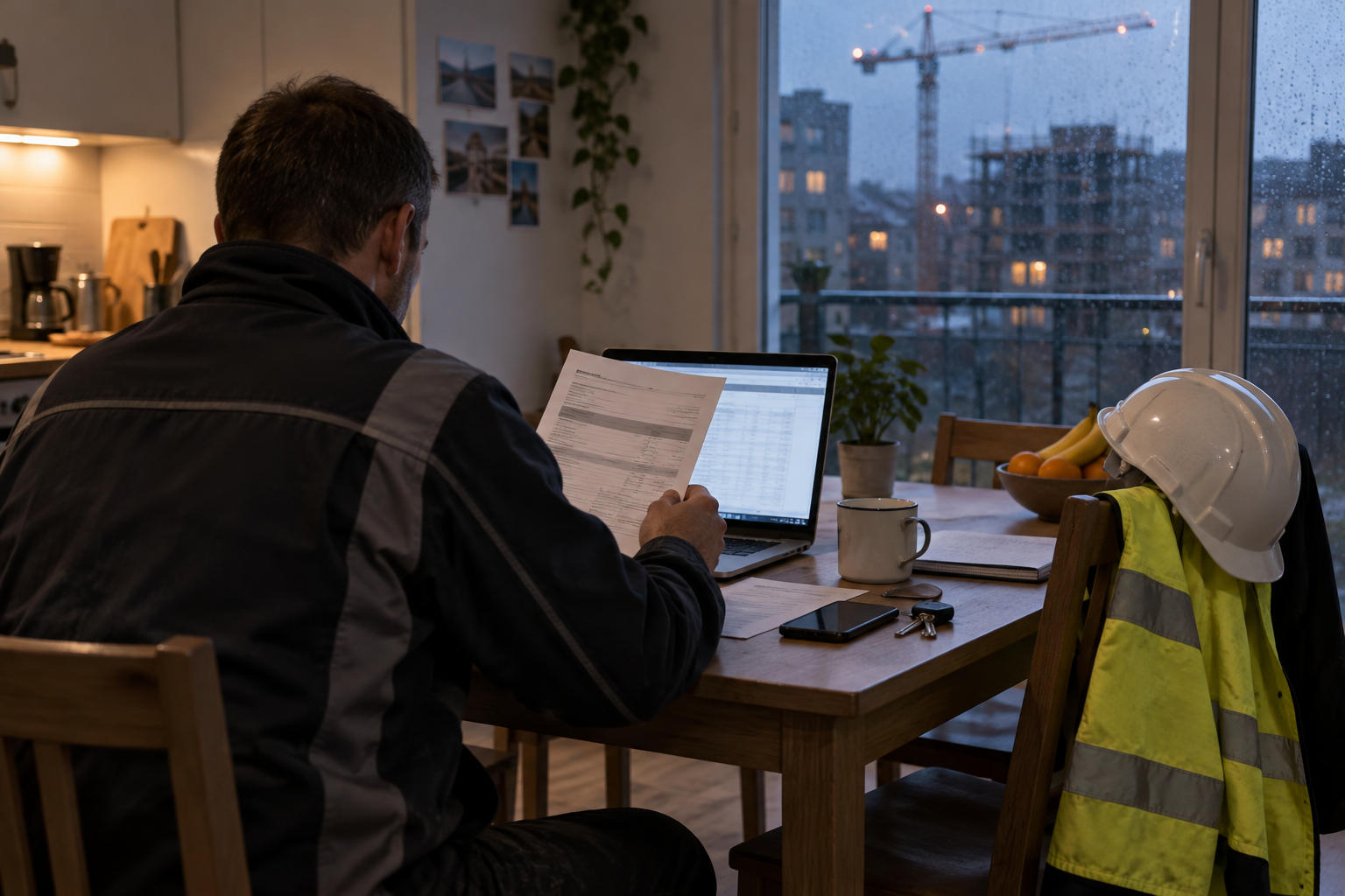 A site manager reviews an accommodation invoice at a kitchen table in a rented flat, a hard hat and hi-vis vest on the chair beside him