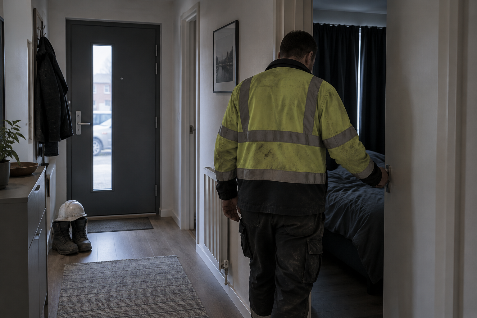 A construction worker back from a night shift closes the door of a darkened bedroom in a rented flat, boots and a hard hat by the front door
