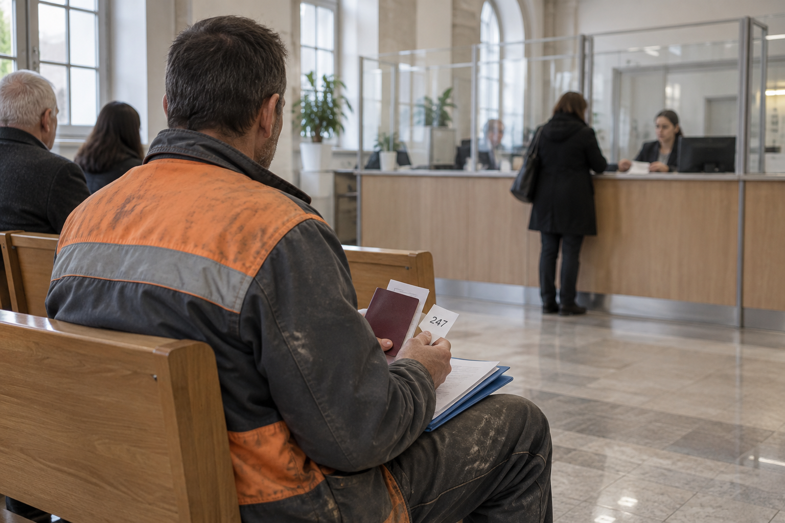 A construction worker waits at a town hall registration office holding a passport, a ticket number and a folder of papers