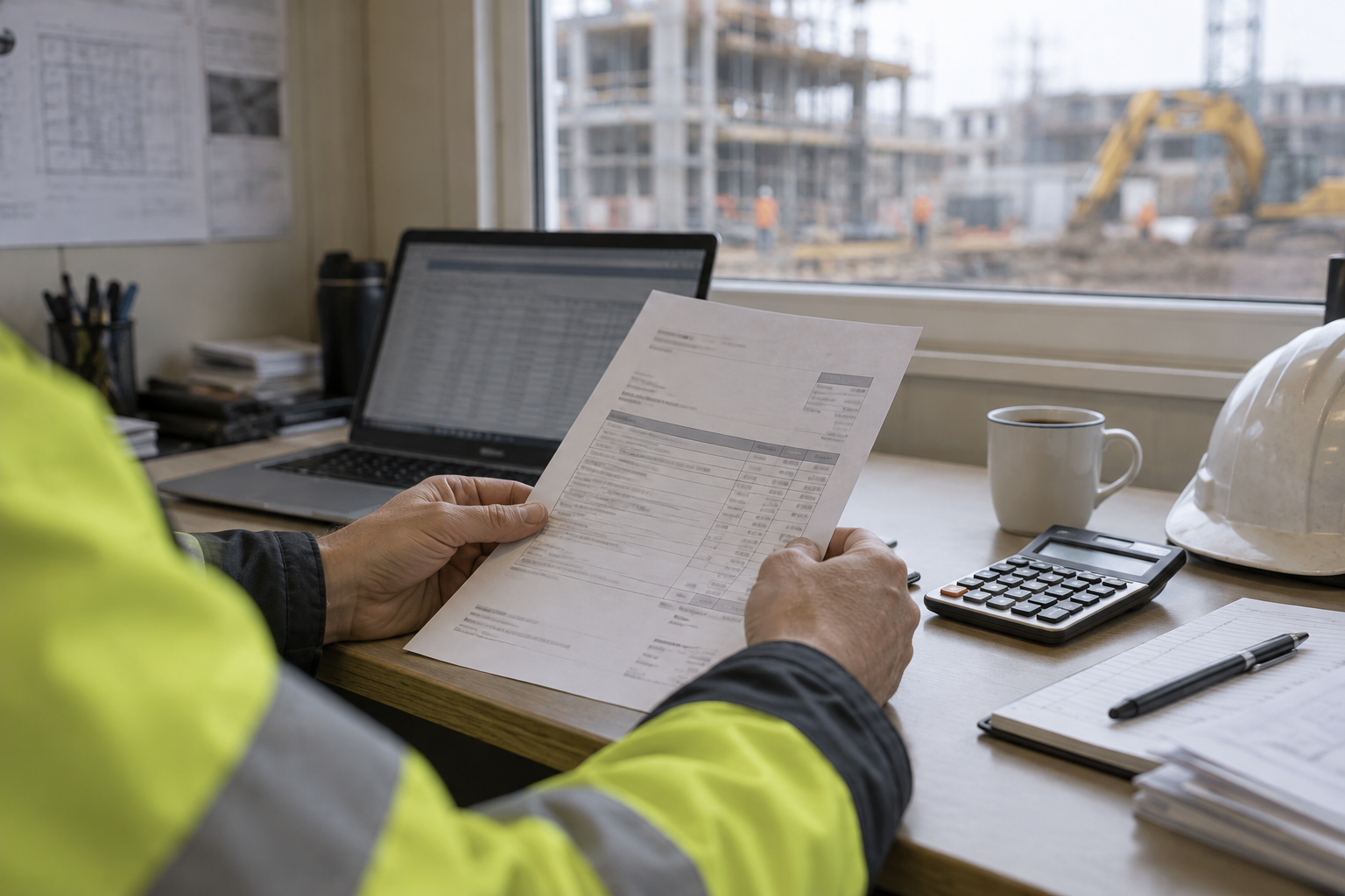 Hands in a hi-vis jacket hold a printed invoice at a site office desk with a laptop, calculator and hard hat, a building site outside the window