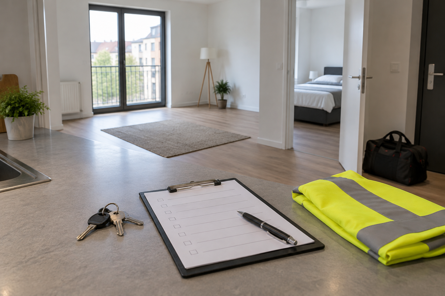 Keys, a blank checklist on a clipboard and a folded hi-vis vest on a kitchen counter in an empty flat on check-out day
