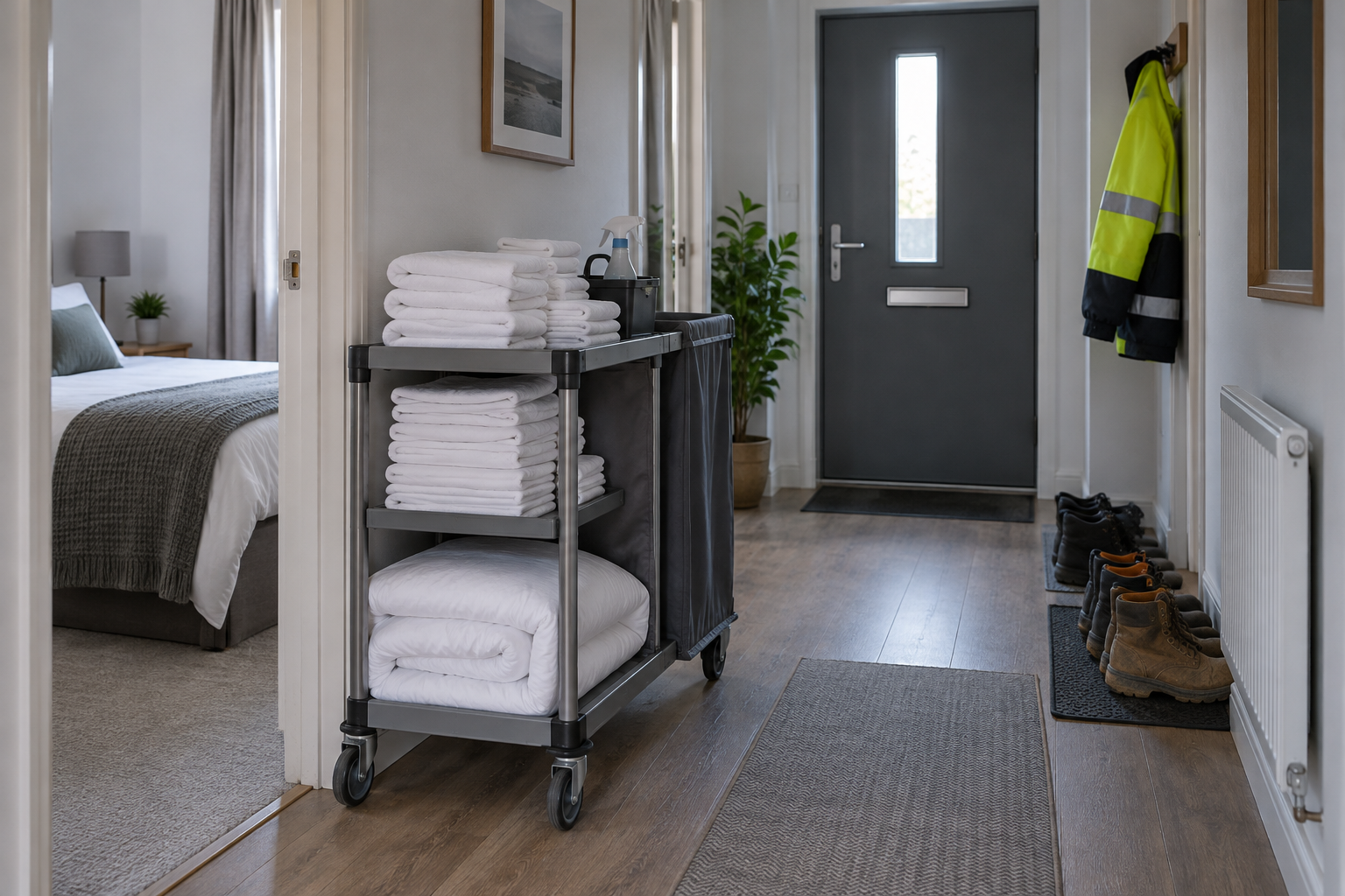 Cleaning trolley with fresh folded bed linen in the hallway of a shared flat, work boots lined up by the door