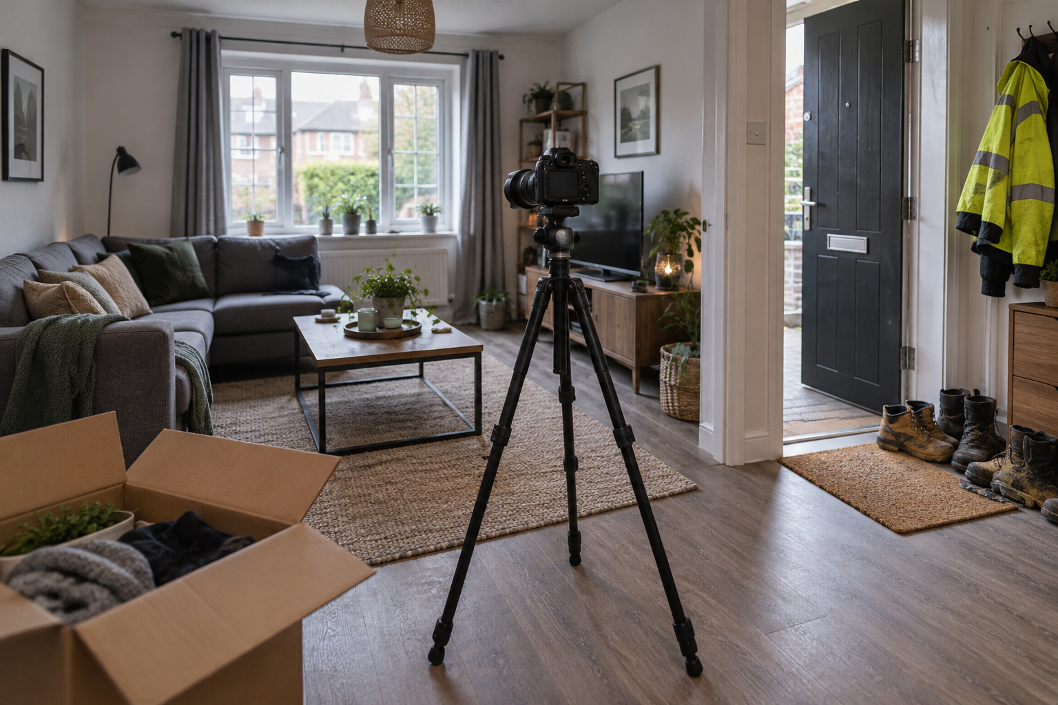 Camera on a tripod photographing a furnished flat for sale, with work boots and a hi-vis jacket by the front door