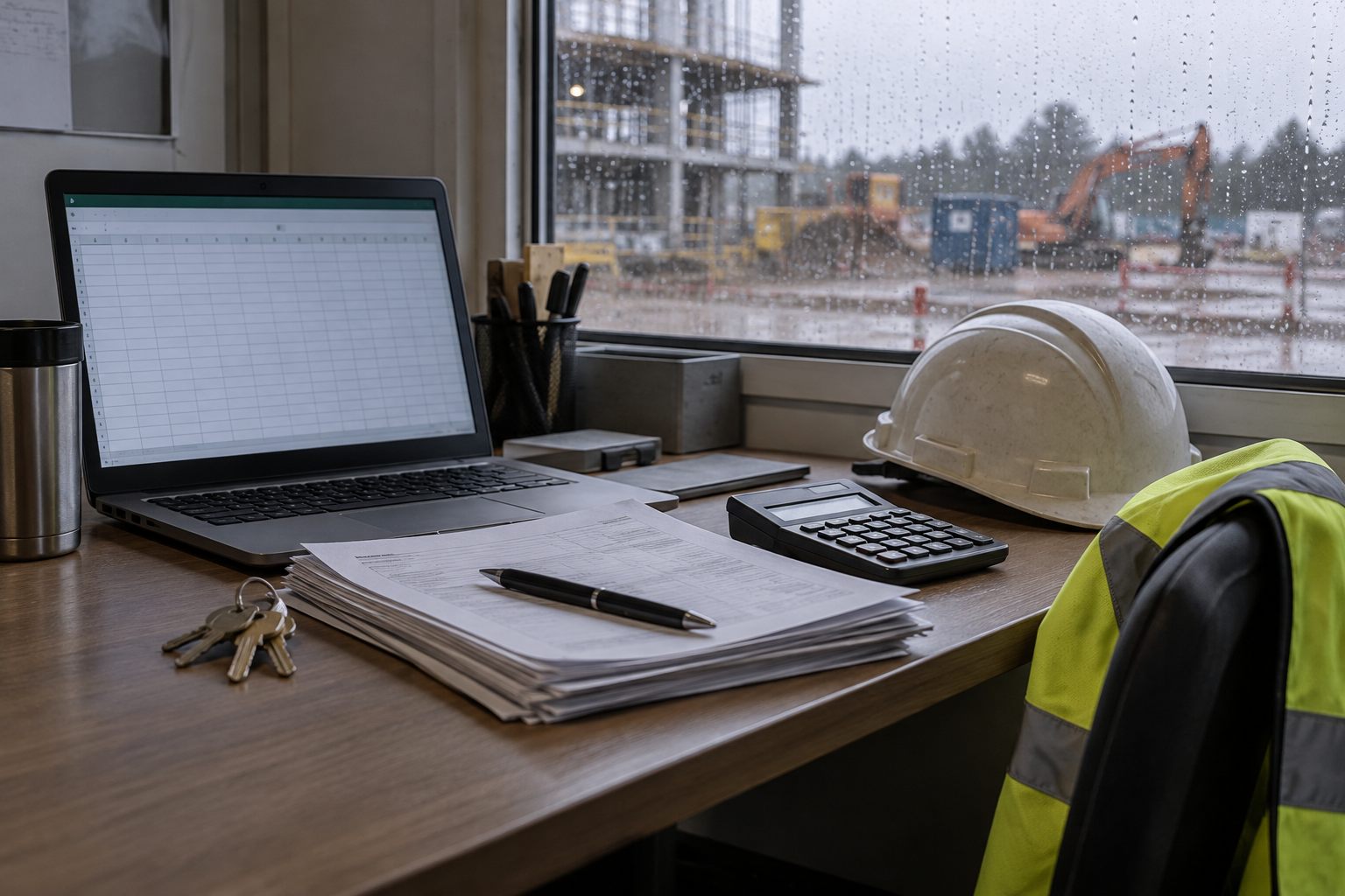 Site office desk with a stack of invoices, a calculator, a laptop and a set of flat keys, with a construction site in the rain outside