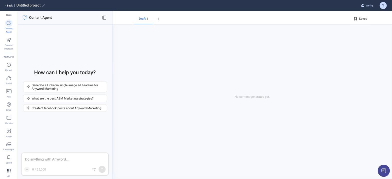 Content Agent's empty state in the Anyword editor, showing the "How can I help you today?" prompt and quick-start suggestions