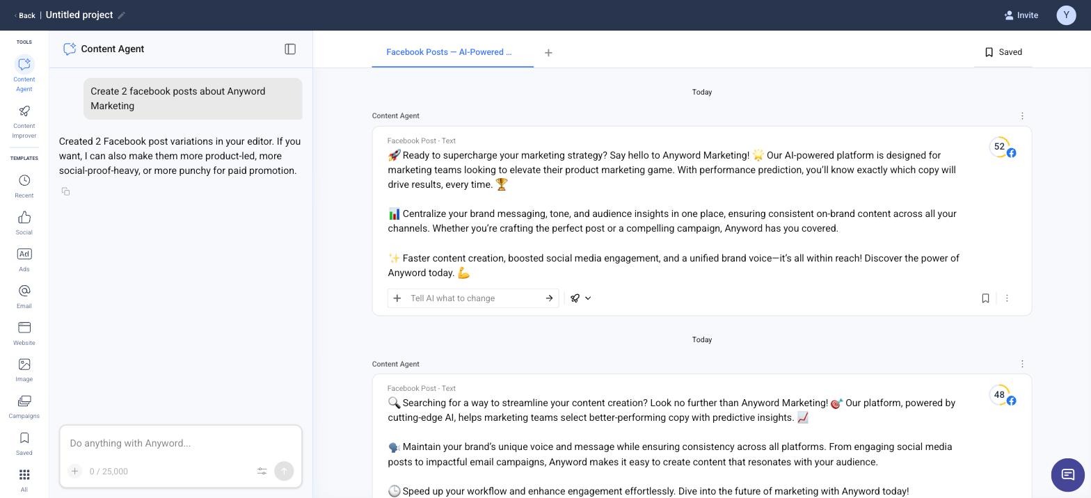 Content Agent generating two Facebook post variations directly in the editor, each with an automatic performance score