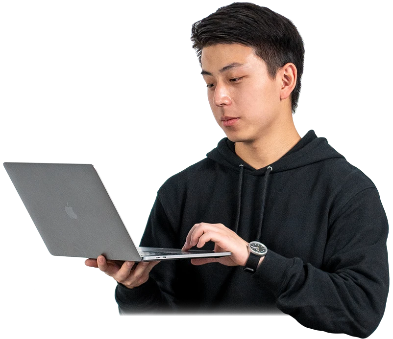 Portrait of Sam Mei holding a laptop.